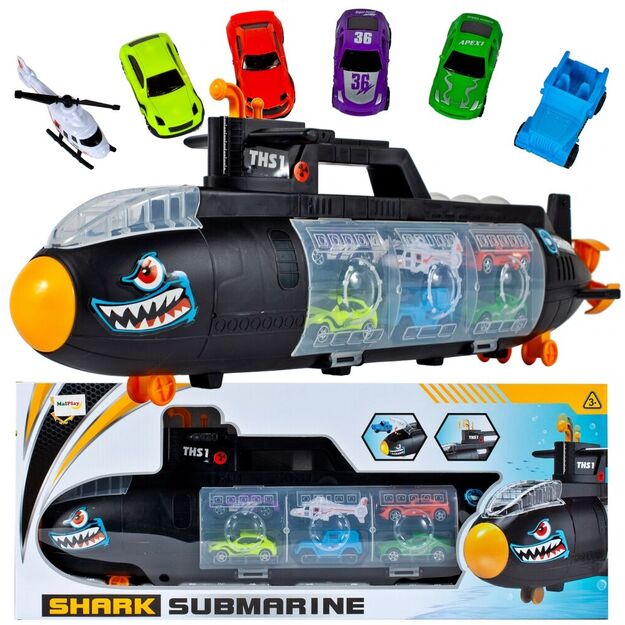 Žaislinis povandeninis laivas su 5 automobiliais ir malūnsparniu