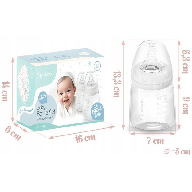 PP pieno buteliukų rinkinys 2 vienetai Nukido 0+, 180 ml