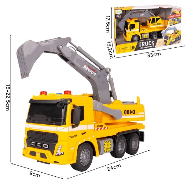 Žaislinis sunkvežimis su ekskavatoriumi, statybinis vilkikas, automobilis 1:16, šviesos, garsas 2