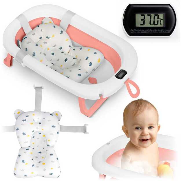 (NEVEIKIA TERMOMETRAS) Sulankstoma vonelė vaikams, kūdikiams su termometru ir įdėklu Ricokids RK-287 balta ir rožinė 