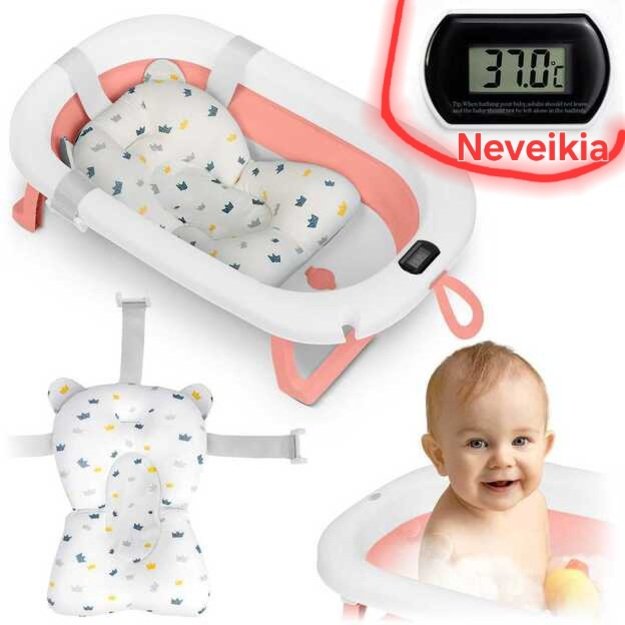 (NEVEIKIA TERMOMETRAS) Sulankstoma vonelė vaikams, kūdikiams su termometru ir įdėklu Ricokids RK-287 balta ir rožinė  13