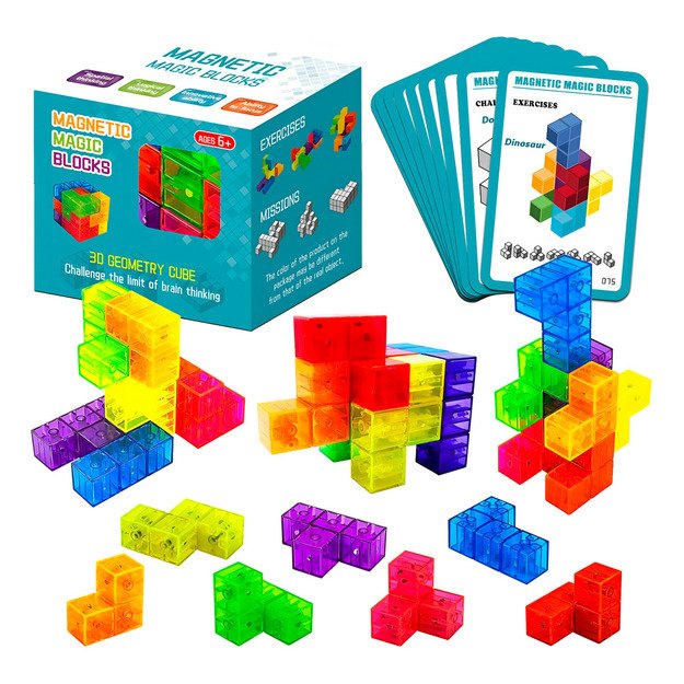 Edukacinis daugiaspalvis magnetinis 3D kaladėlių kubas su kortelėmis  3