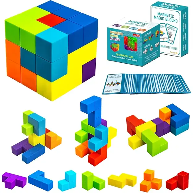 Magnetinių 3D kaladėlių dėlionė kubas su kortelėmis 