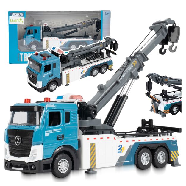 Žaislinis sunkvežimis vilkikas su kranu, metalinėmis atidaromomis durimis, šviesa ir garsu, 20 cm 