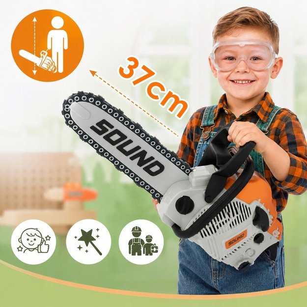 Didelis 37 cm ilgio baterijomis maitinamas vaikiškas grandininis pjūklas su judančia gumine grandine, garsu ir akiniais