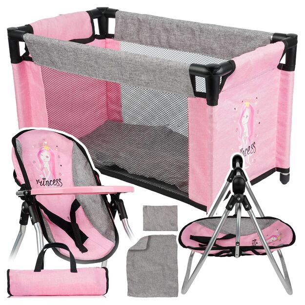 Lėlės kelioninė lovytė, gultukas ir maitinimo kėdutė
