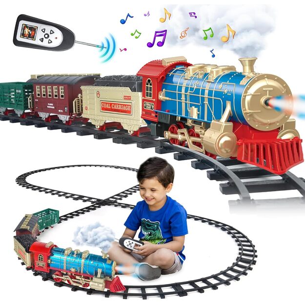 Nuotoliniu būdu valdoma žaislinė traukinio trasa su vagonais, šviesomis, garsu ir garu, 25 el.