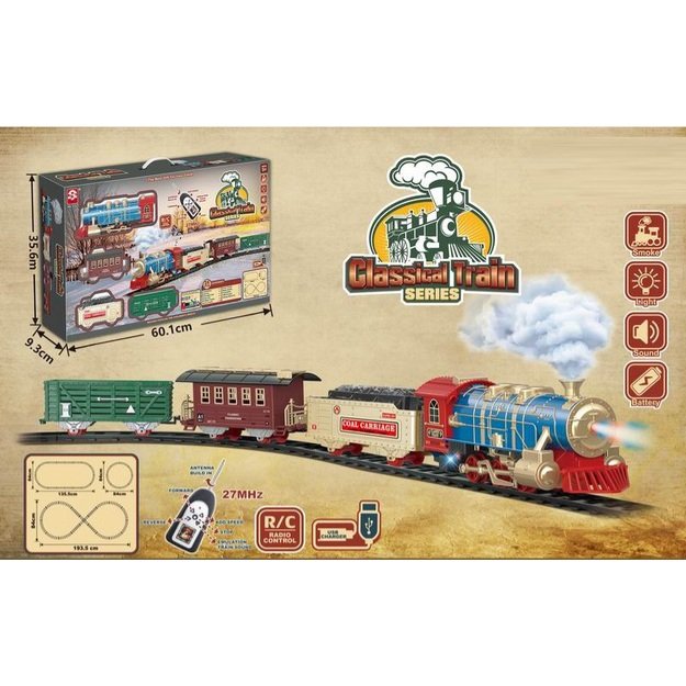 Nuotoliniu būdu valdoma žaislinė traukinio trasa su vagonais, šviesomis, garsu ir garu, 25 el. 1