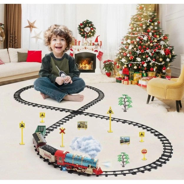 Nuotoliniu būdu valdoma žaislinė traukinio trasa su vagonais, šviesomis, garsu ir garu, 25 el. 4