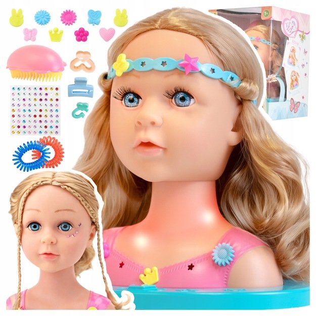 Lėlės galva šukavimui ir makiažui su aksesuarais, didelis rinkinys