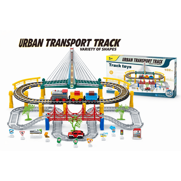 Urban Transport Track trasa su šviečiančiu tiltu– kūrybiškas žaislas vaikams (102 dalys) 2