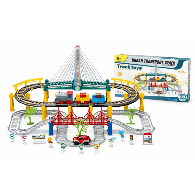 Urban Transport Track trasa su šviečiančiu tiltu– kūrybiškas žaislas vaikams (102 dalys) 10