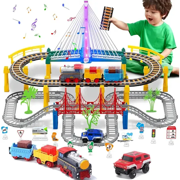 Urban Transport Track trasa su šviečiančiu tiltu– kūrybiškas žaislas vaikams (102 dalys)