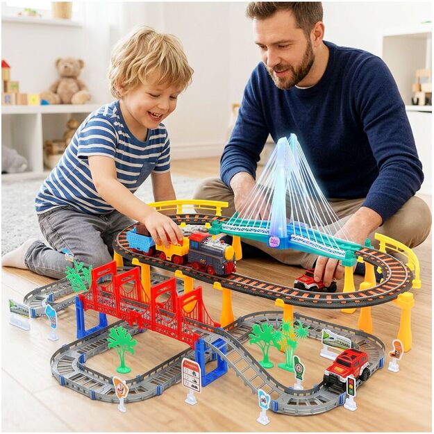 Urban Transport Track trasa su šviečiančiu tiltu– kūrybiškas žaislas vaikams (102 dalys) 3