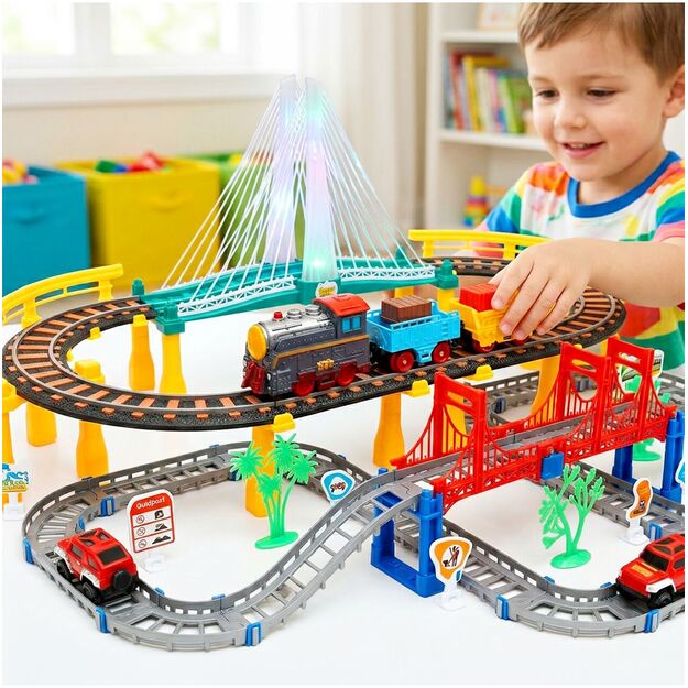 Urban Transport Track trasa su šviečiančiu tiltu– kūrybiškas žaislas vaikams (102 dalys) 4