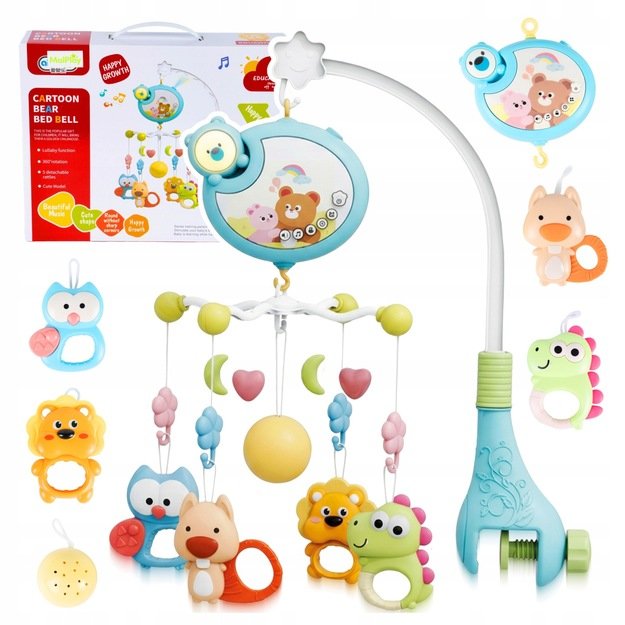 Muzikinė karuselė kūdikiams, 360° su barškučiais, kramtukais, 5 melodijomis, 0+