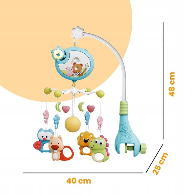 Muzikinė karuselė kūdikiams, 360° su barškučiais, kramtukais, 5 melodijomis, 0+ 1