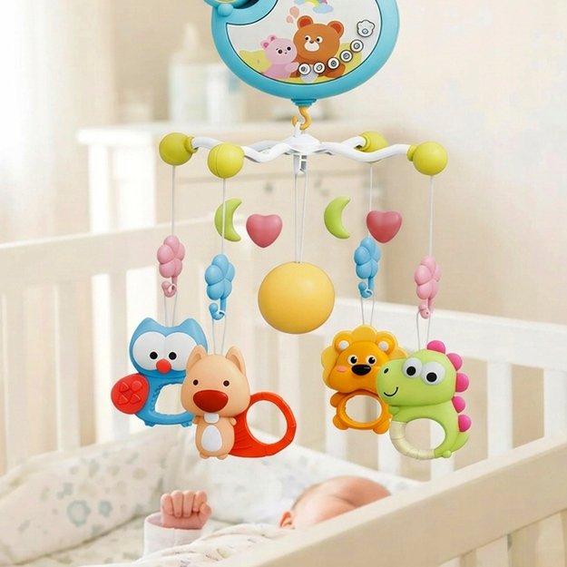 Muzikinė karuselė kūdikiams, 360° su barškučiais, kramtukais, 5 melodijomis, 0+ 4