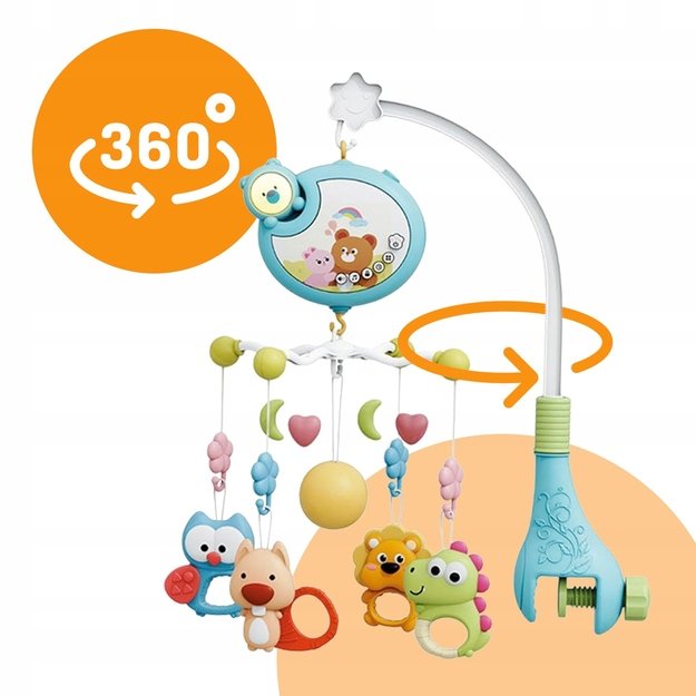 Muzikinė karuselė kūdikiams, 360° su barškučiais, kramtukais, 5 melodijomis, 0+ 3