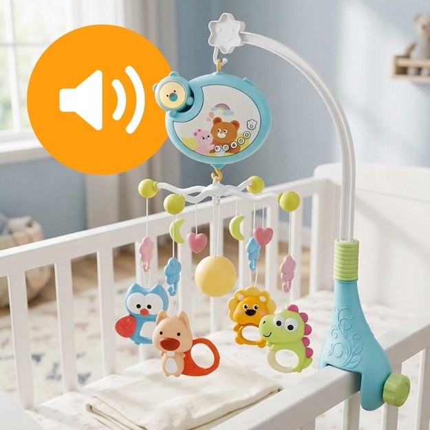 Muzikinė karuselė kūdikiams, 360° su barškučiais, kramtukais, 5 melodijomis, 0+ 6