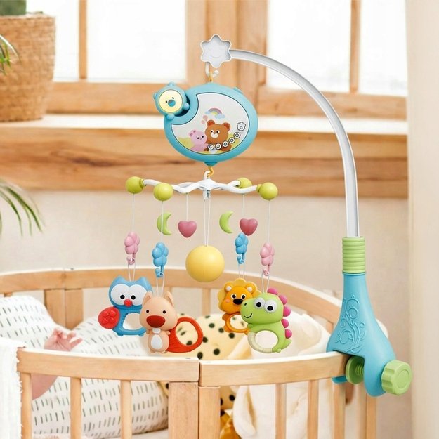 Muzikinė karuselė kūdikiams, 360° su barškučiais, kramtukais, 5 melodijomis, 0+ 7