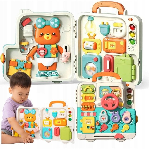 Montessori edukacinė veiklos lenta su interaktyvia sensorine panele dėkle (nuo 18 mėn.) Meškiukas