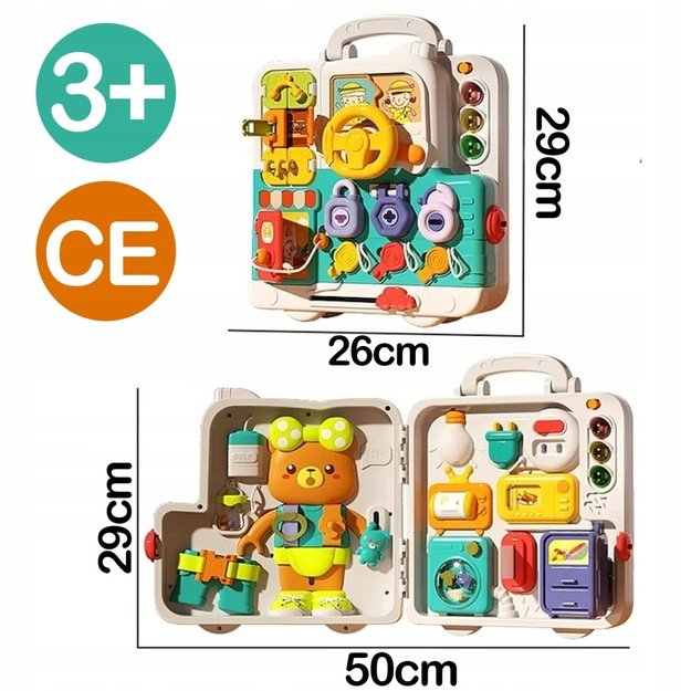 Montessori edukacinė veiklos lenta su interaktyvia sensorine panele dėkle (nuo 18 mėn.) Meškiukas 1