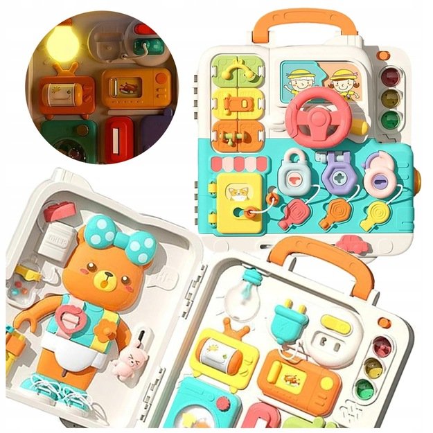 Montessori edukacinė veiklos lenta su interaktyvia sensorine panele dėkle (nuo 18 mėn.) Meškiukas 2