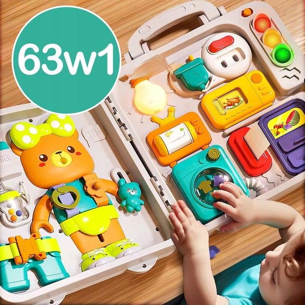 Montessori edukacinė veiklos lenta su interaktyvia sensorine panele dėkle (nuo 18 mėn.) Meškiukas 3