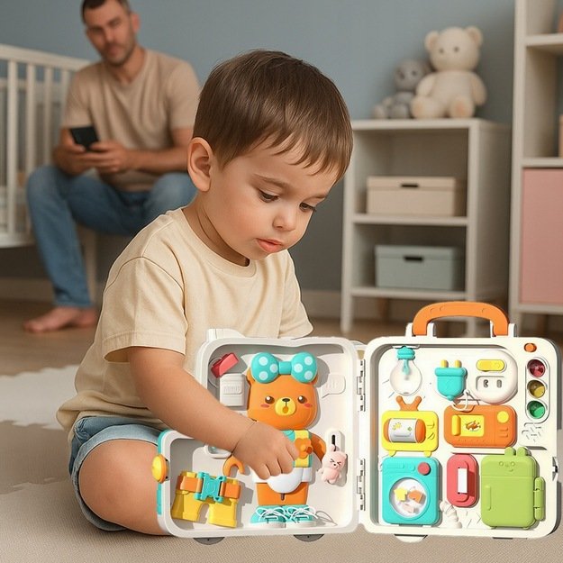 Montessori edukacinė veiklos lenta su interaktyvia sensorine panele dėkle (nuo 18 mėn.) Meškiukas 8