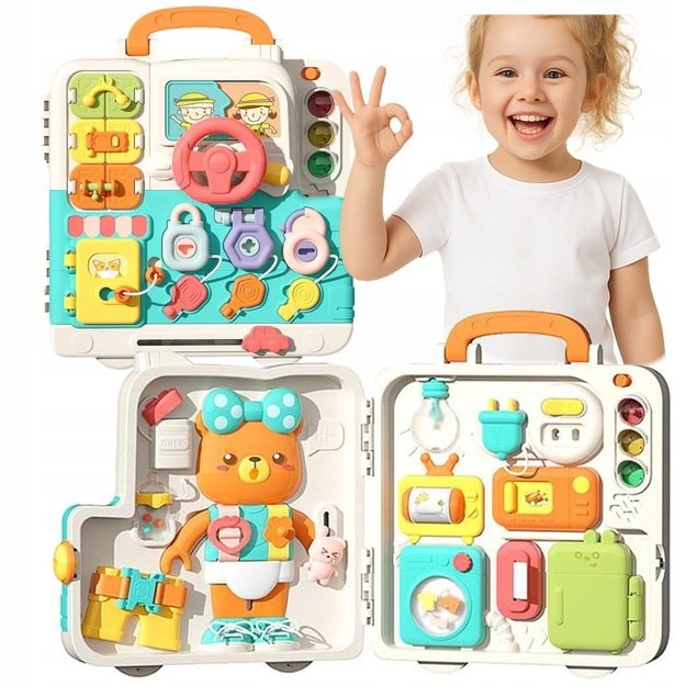 Montessori edukacinė veiklos lenta su interaktyvia sensorine panele dėkle (nuo 18 mėn.) Meškiukas 10