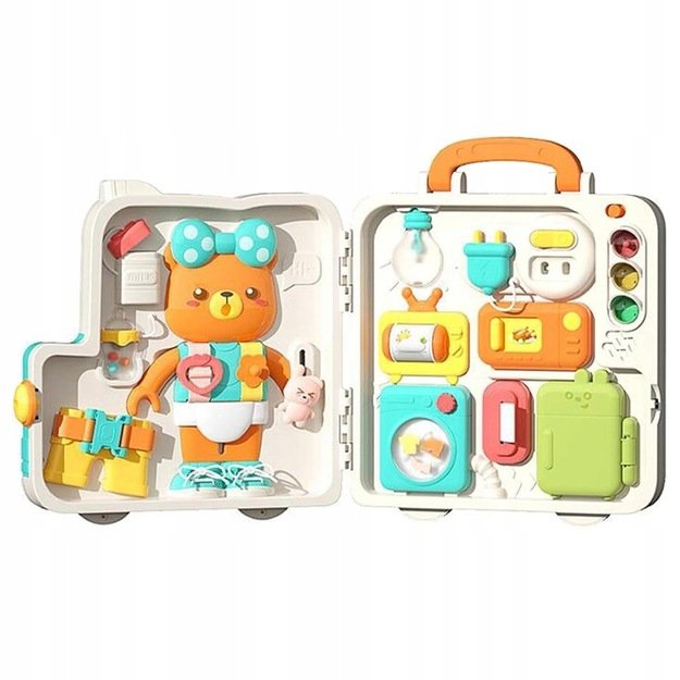 Montessori edukacinė veiklos lenta su interaktyvia sensorine panele dėkle (nuo 18 mėn.) Meškiukas 11