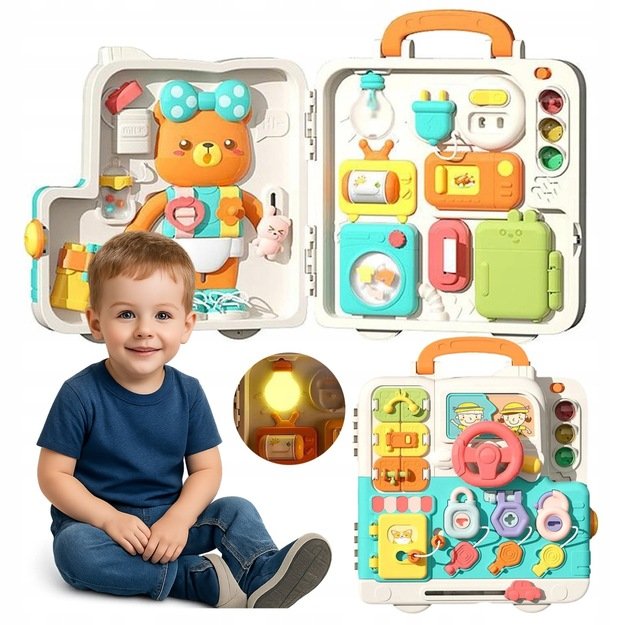 Montessori edukacinė veiklos lenta su interaktyvia sensorine panele dėkle (nuo 18 mėn.) Meškiukas 12