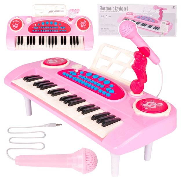 Vaikiškas pianinas su mikrofonu, 37 klavišai, rožinis, MP3