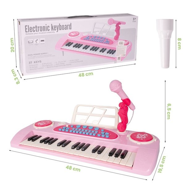 Vaikiškas pianinas su mikrofonu, 37 klavišai, rožinis, MP3