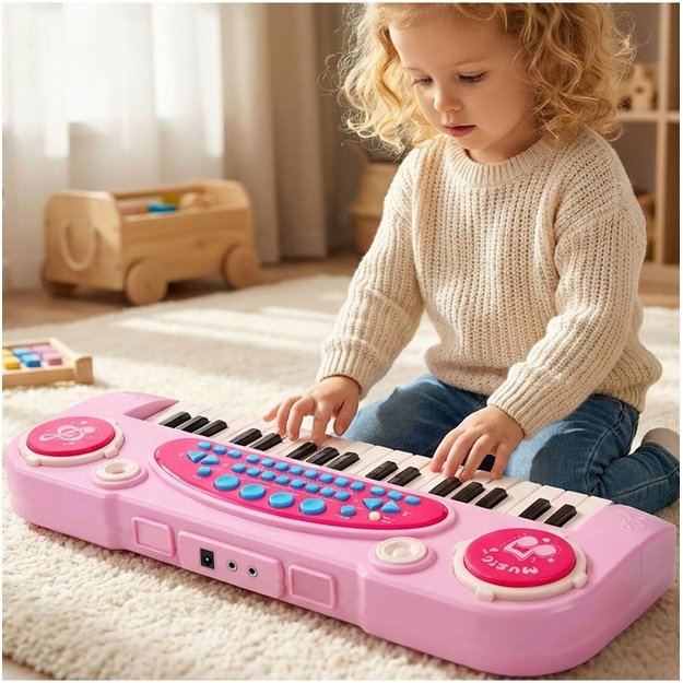 Vaikiškas pianinas su mikrofonu, 37 klavišai, rožinis, MP3