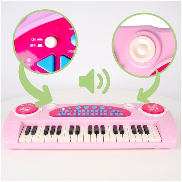 Vaikiškas pianinas su mikrofonu, 37 klavišai, rožinis, MP3