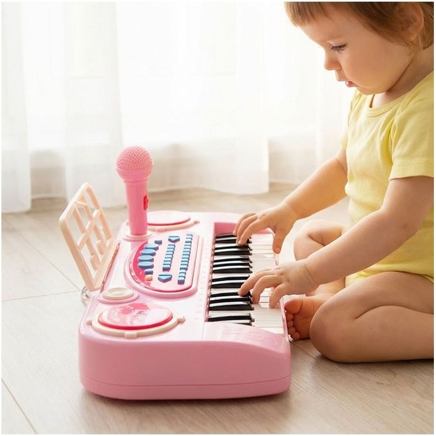 Vaikiškas pianinas su mikrofonu, 37 klavišai, rožinis, MP3