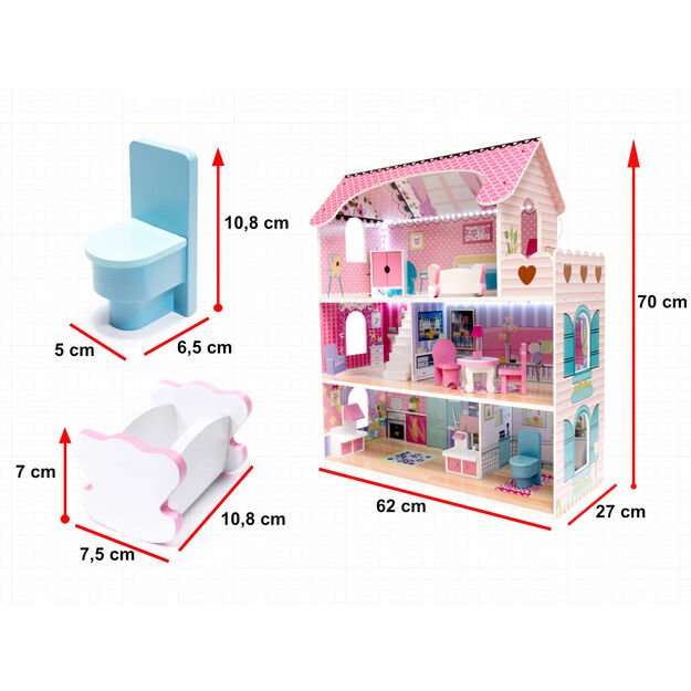 MDF medinis lėlių namelis + baldai 70cm rožinis