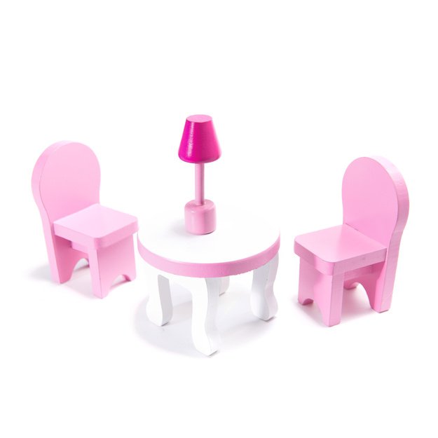 MDF medinis lėlių namelis + baldai 70cm rožinis
