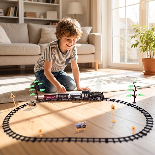 Žaislinė trasa elektrinis traukinys su 3 vagonais, dūmais ir nuotoliniu pultu, 35 el. 2