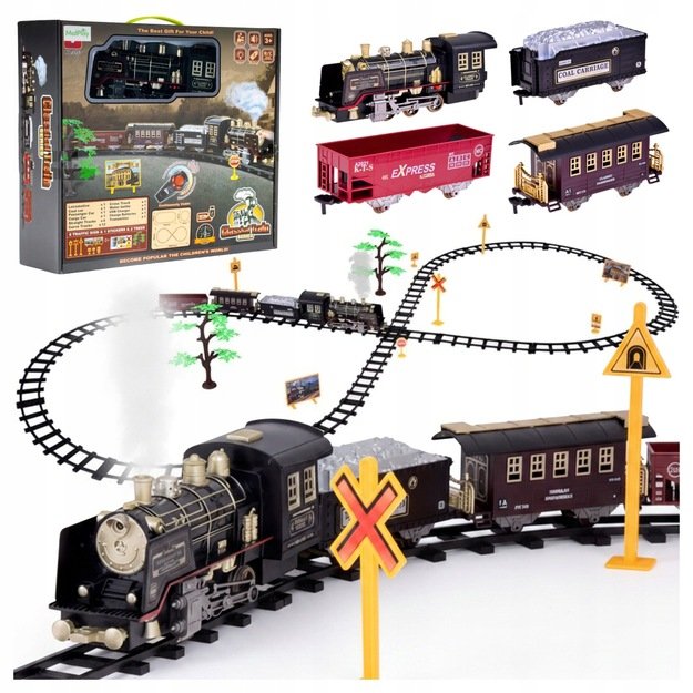 Žaislinė trasa elektrinis traukinys su 3 vagonais, dūmais ir nuotoliniu pultu, 35 el.