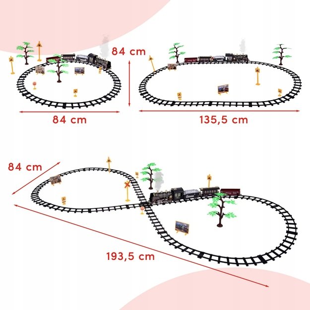 Žaislinė trasa elektrinis traukinys su 3 vagonais, dūmais ir nuotoliniu pultu, 35 el. 1