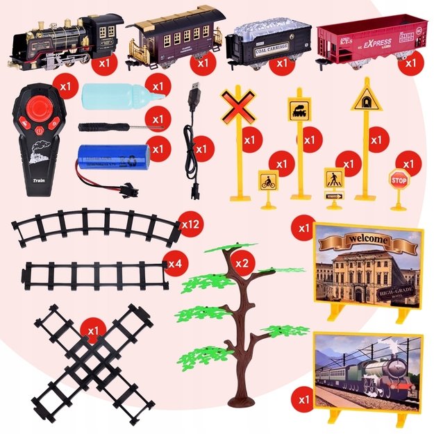 Žaislinė trasa elektrinis traukinys su 3 vagonais, dūmais ir nuotoliniu pultu, 35 el. 3