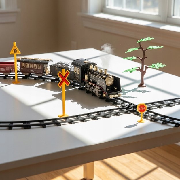 Žaislinė trasa elektrinis traukinys su 3 vagonais, dūmais ir nuotoliniu pultu, 35 el. 6