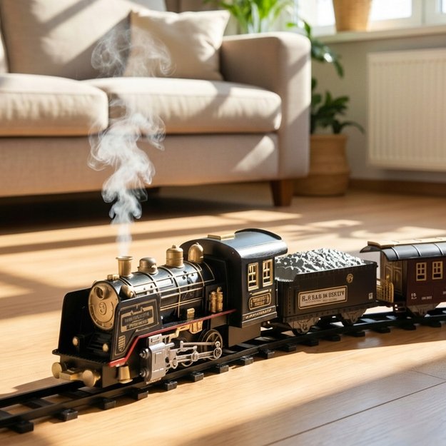 Žaislinė trasa elektrinis traukinys su 3 vagonais, dūmais ir nuotoliniu pultu, 35 el. 4