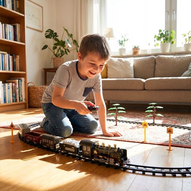 Žaislinė trasa elektrinis traukinys su 3 vagonais, dūmais ir nuotoliniu pultu, 35 el. 7