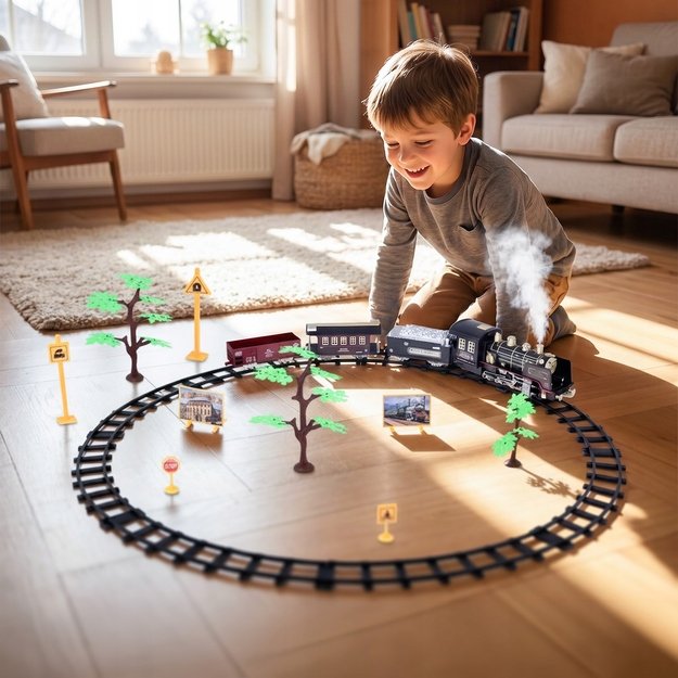 Žaislinė trasa elektrinis traukinys su 3 vagonais, dūmais ir nuotoliniu pultu, 35 el. 8