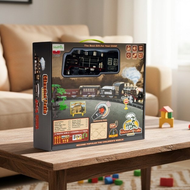 Žaislinė trasa elektrinis traukinys su 3 vagonais, dūmais ir nuotoliniu pultu, 35 el. 9