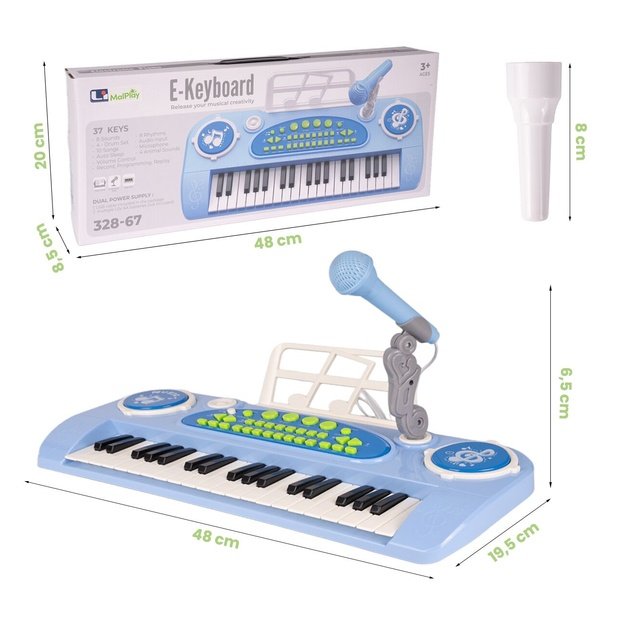 Vaikiškas pianinas su mikrofonu, 37 klavišai, mėlynas, MP3